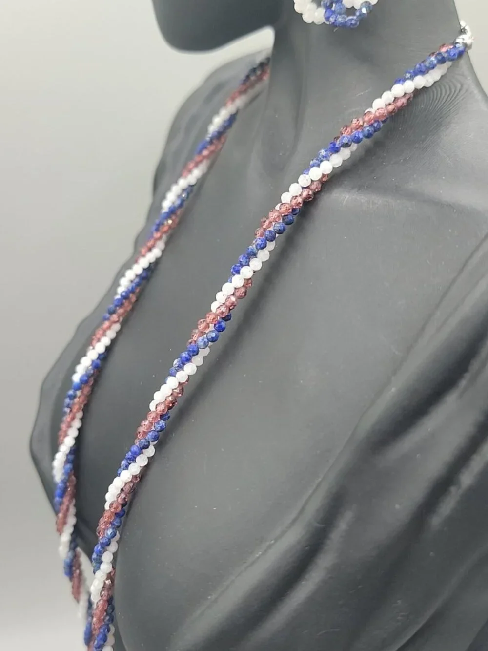 BBJ Sterling Silver Patriotic Red White Blue Beaded Rope Necklace Earrings Set